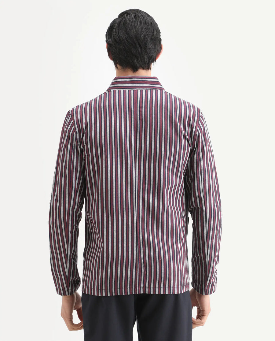 Rare Rabbit Men's Kimon Maroon Linen Blend Striped Print Relaxed Fit Full Sleeve Mandarin Collar Jacket