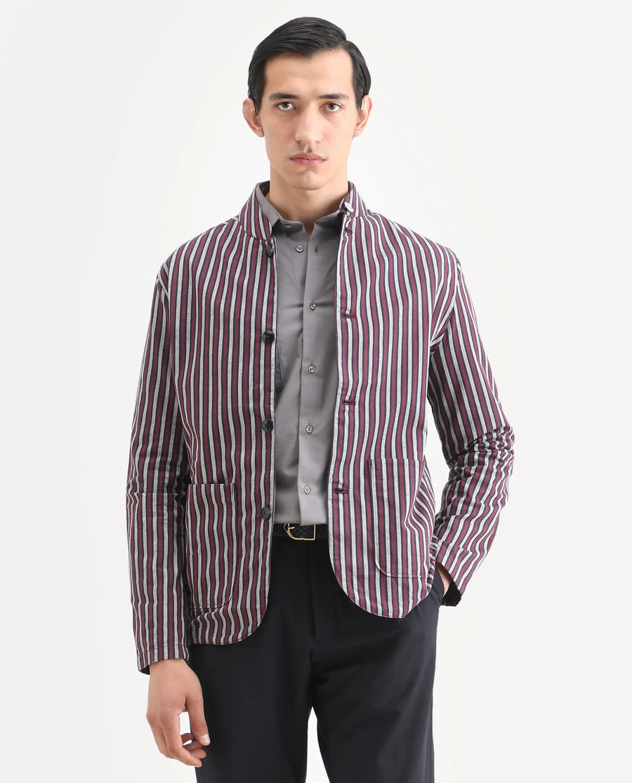 Rare Rabbit Men's Kimon Maroon Linen Blend Striped Print Relaxed Fit Full Sleeve Mandarin Collar Jacket