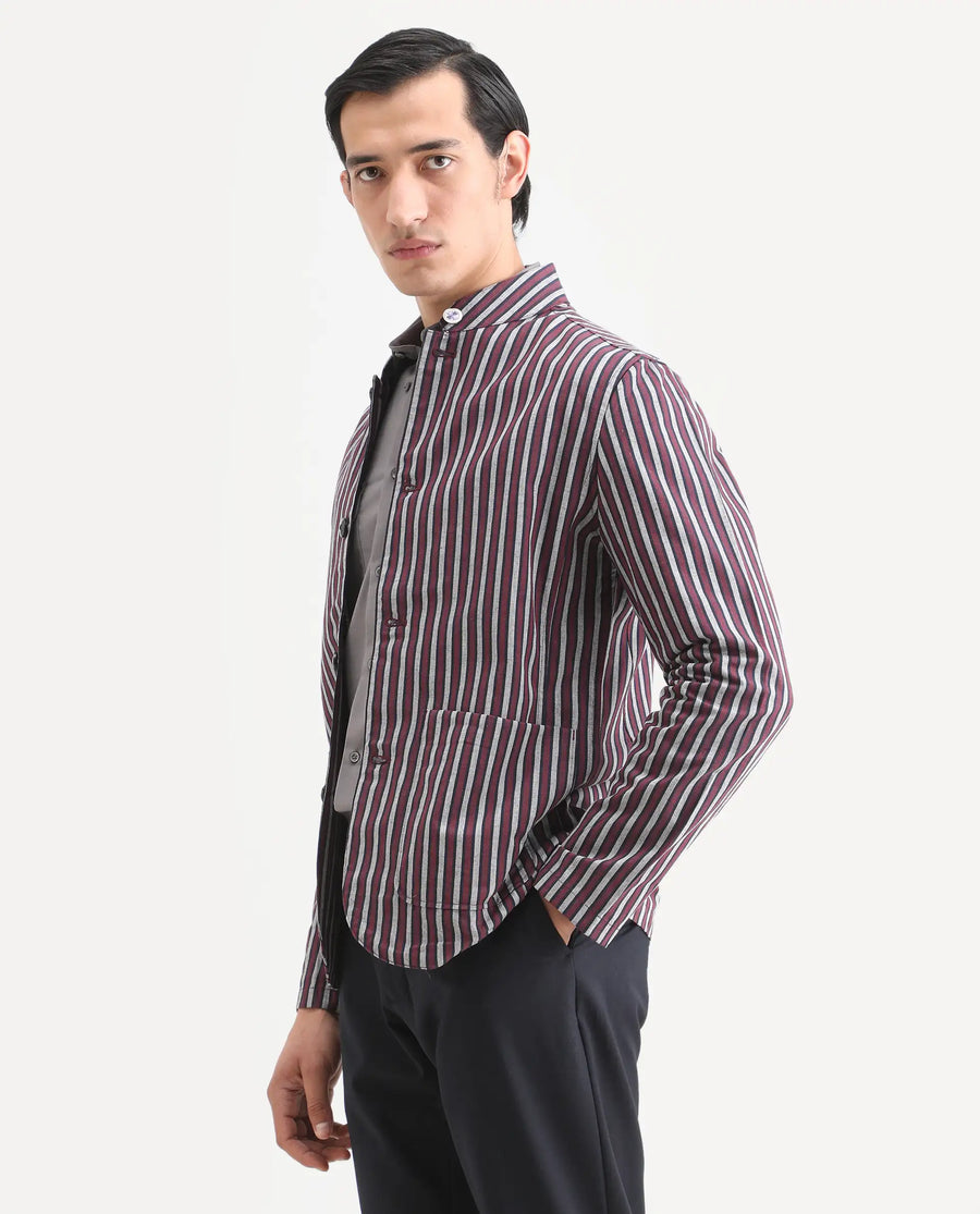 Rare Rabbit Men's Kimon Maroon Linen Blend Striped Print Relaxed Fit Full Sleeve Mandarin Collar Jacket