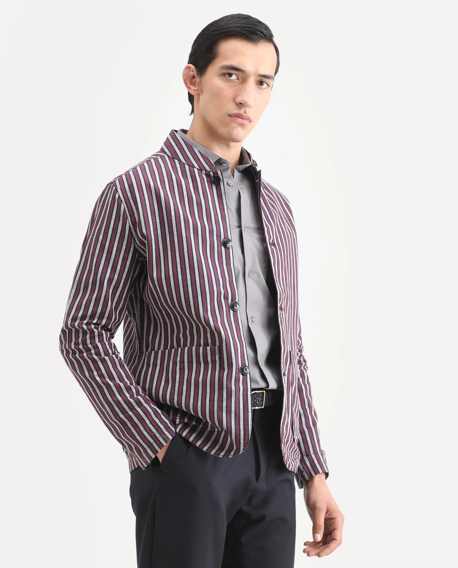 Rare Rabbit Men's Kimon Maroon Linen Blend Striped Print Relaxed Fit Full Sleeve Mandarin Collar Jacket