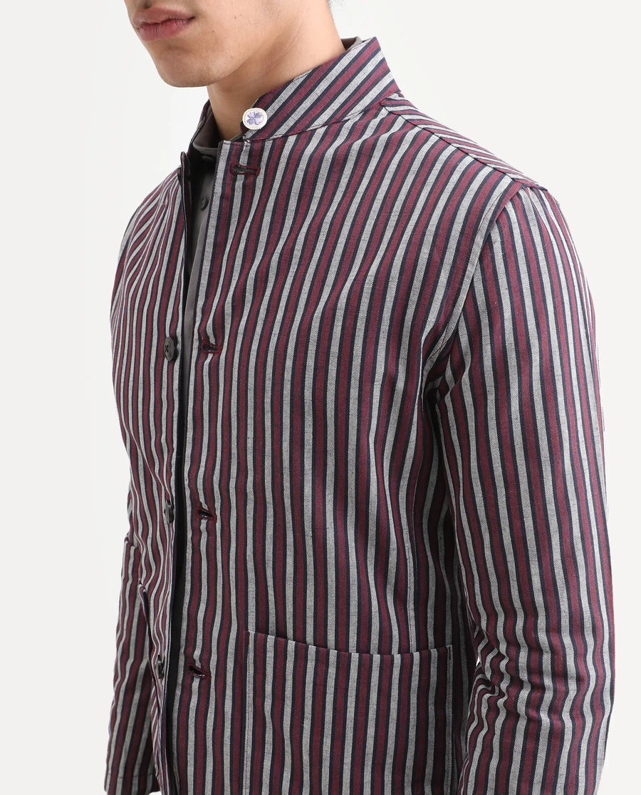 Rare Rabbit Men's Kimon Maroon Linen Blend Striped Print Relaxed Fit Full Sleeve Mandarin Collar Jacket
