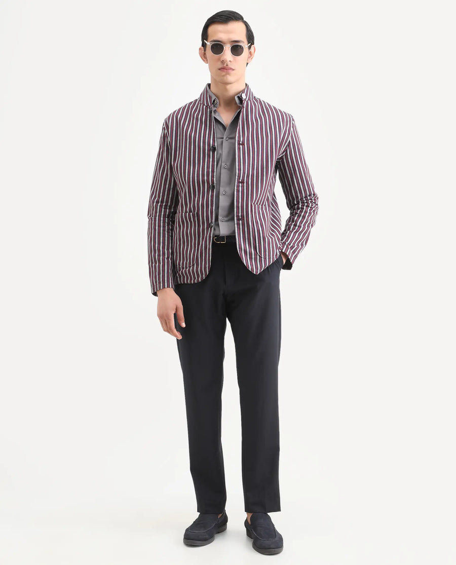 Rare Rabbit Men's Kimon Maroon Linen Blend Striped Print Relaxed Fit Full Sleeve Mandarin Collar Jacket