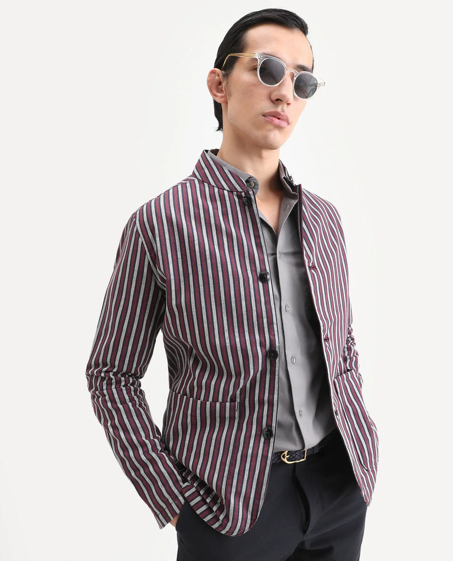 Rare Rabbit Men's Kimon Maroon Linen Blend Striped Print Relaxed Fit Full Sleeve Mandarin Collar Jacket