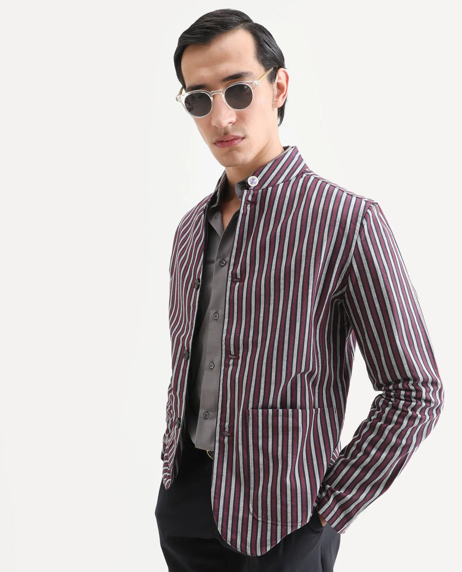 Rare Rabbit Men's Kimon Maroon Linen Blend Striped Print Relaxed Fit Full Sleeve Mandarin Collar Jacket