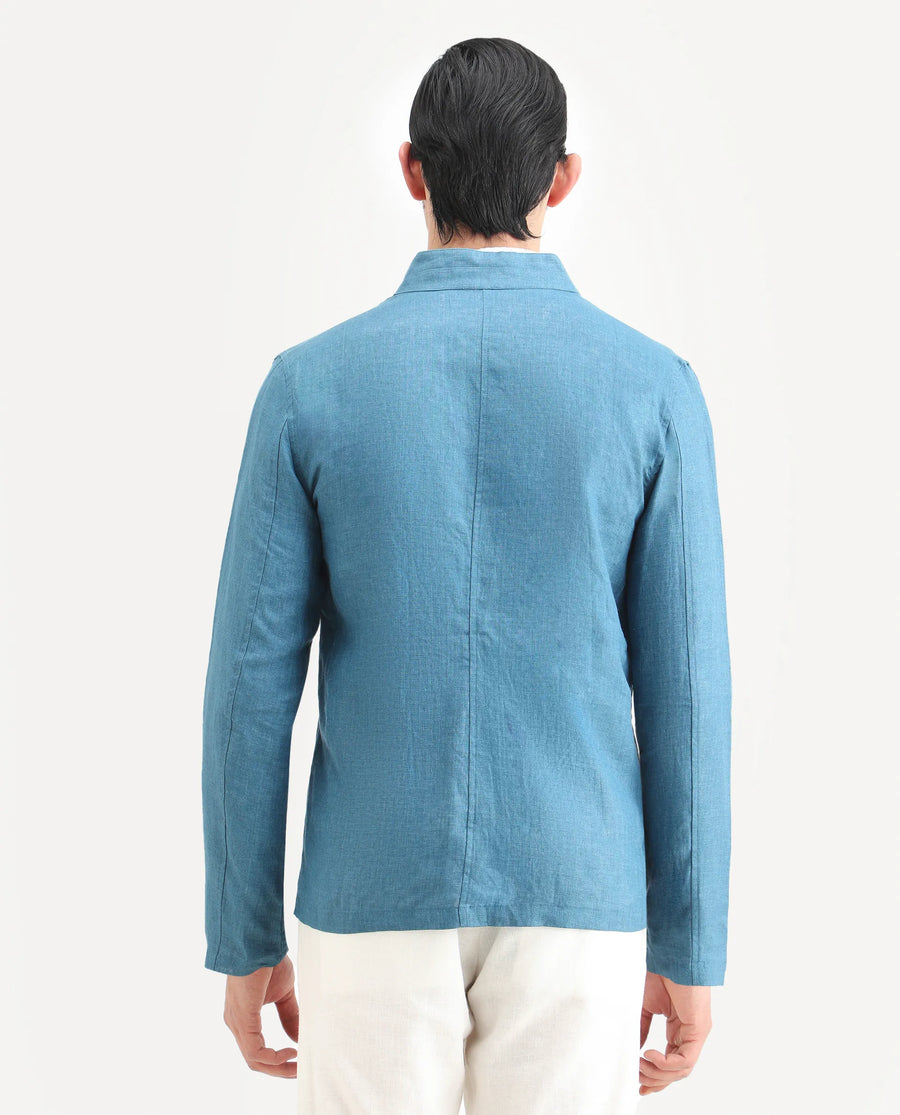 Rare Rabbit Men's Sash Blue Plain Relaxed Fit Full Sleeve Mandarin Collar Jacket