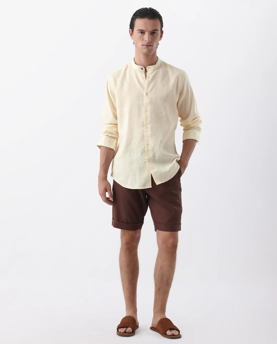 Rare Rabbit Men's Cinex Pastel Yellow Linen Blend Plain Regular Fit Full Sleeve Mandarin Collar Shirt