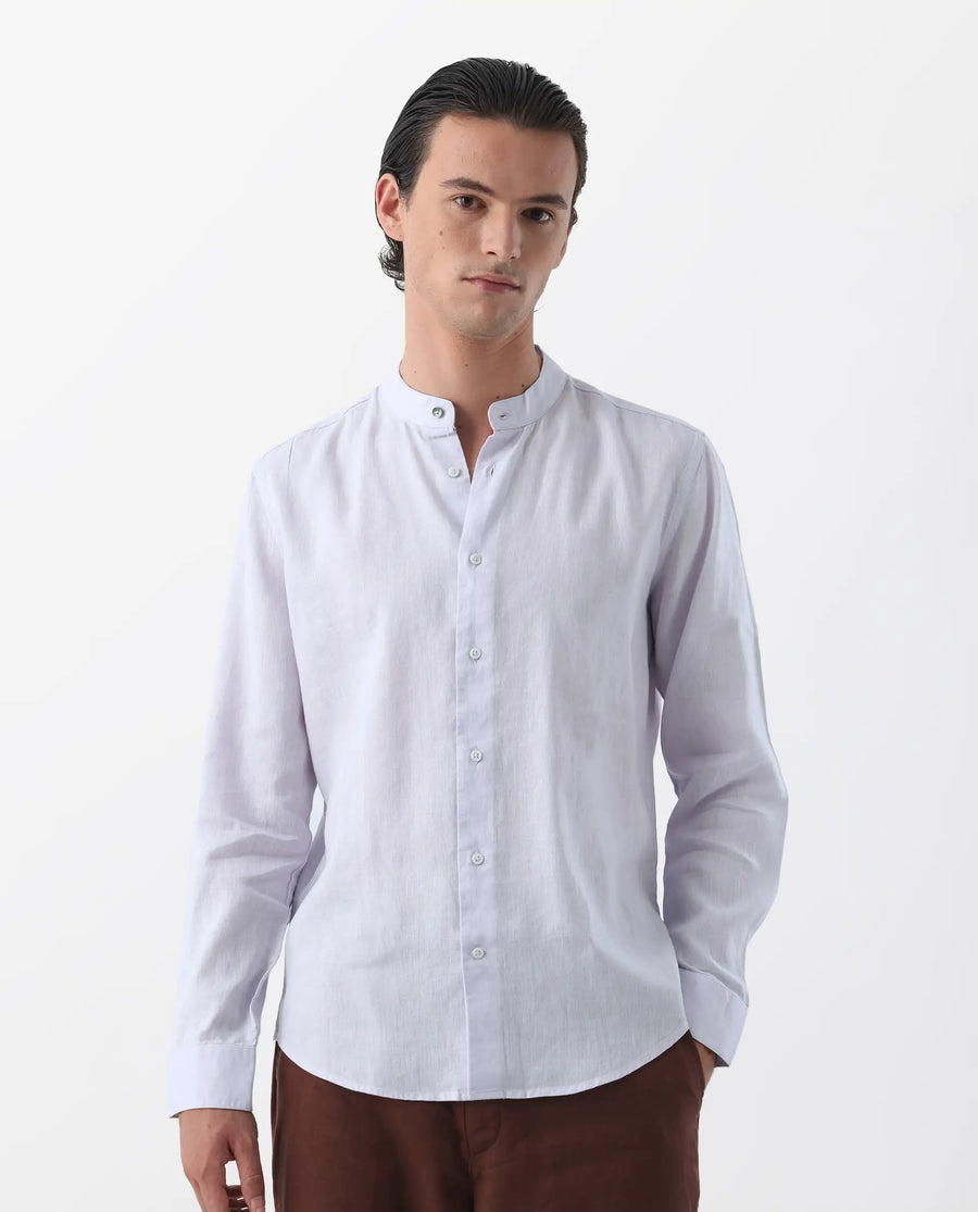 Rare Rabbit Men's Cinex Pastel Purple Linen Blend Plain Regular Fit Full Sleeve Mandarin Collar Shirt