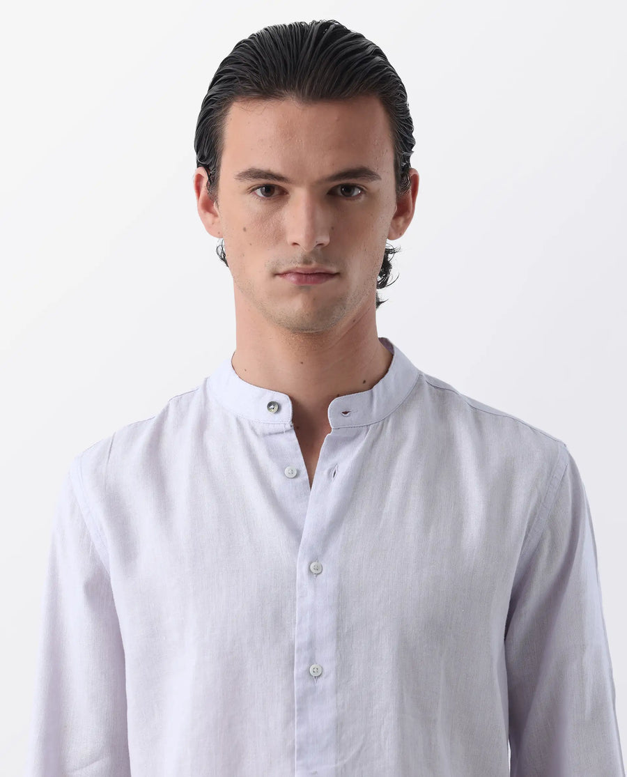 Rare Rabbit Men's Cinex Pastel Purple Linen Blend Plain Regular Fit Full Sleeve Mandarin Collar Shirt