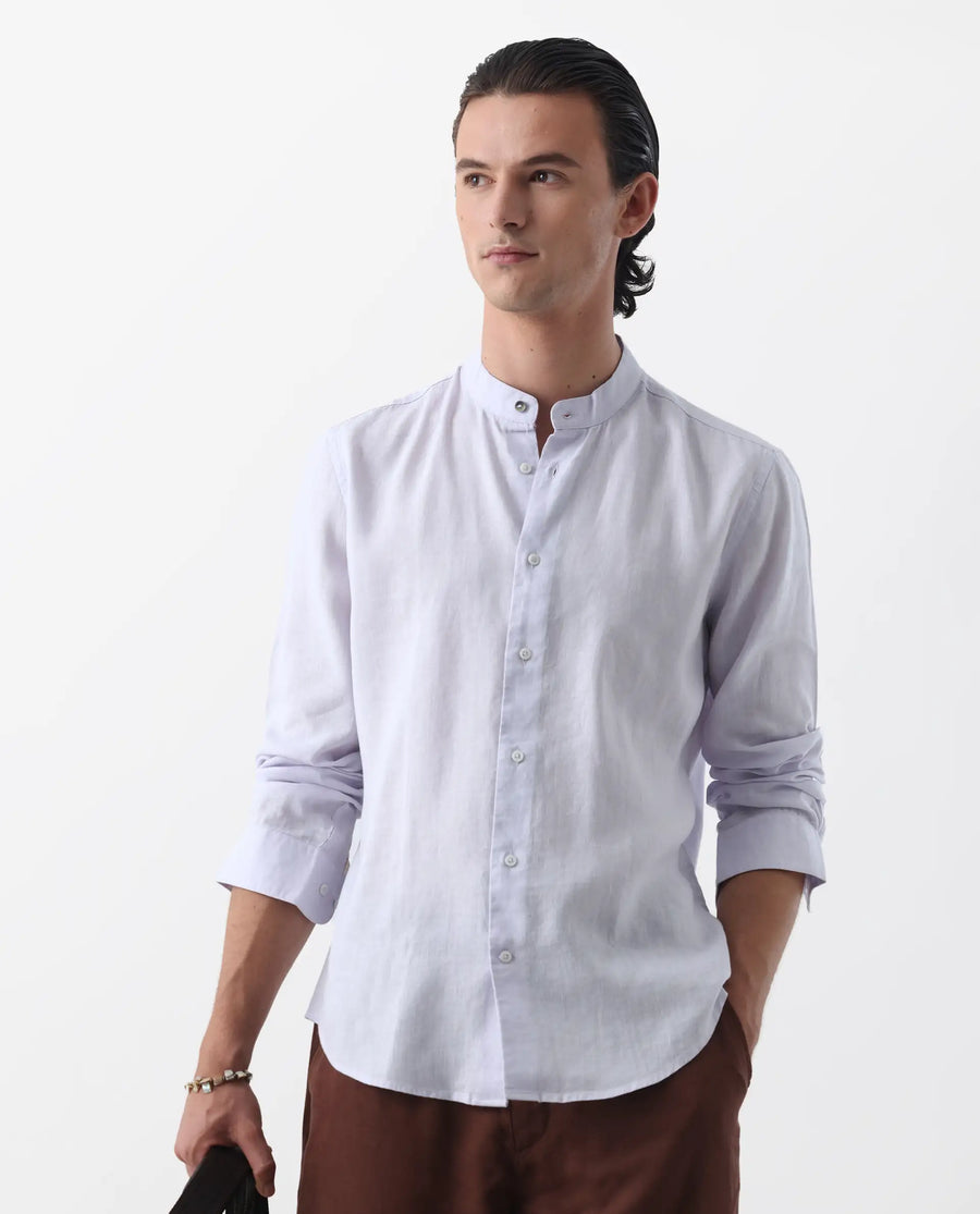 Rare Rabbit Men's Cinex Pastel Purple Linen Blend Plain Regular Fit Full Sleeve Mandarin Collar Shirt