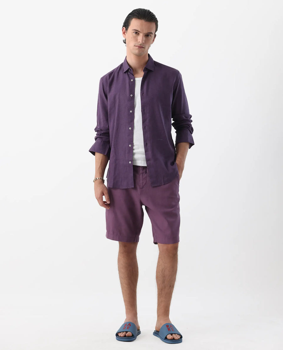 Rare Rabbit Men's Linex-1 Purple 100% Linen Plain Regular Fit Full Sleeve Collared Shirt