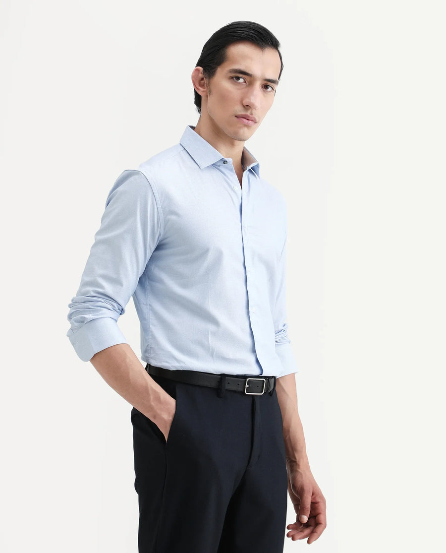 Rare Rabbit Men's Rigor Pastel Blue Cotton Textured Regular Fit Full Sleeve Collared Shirt