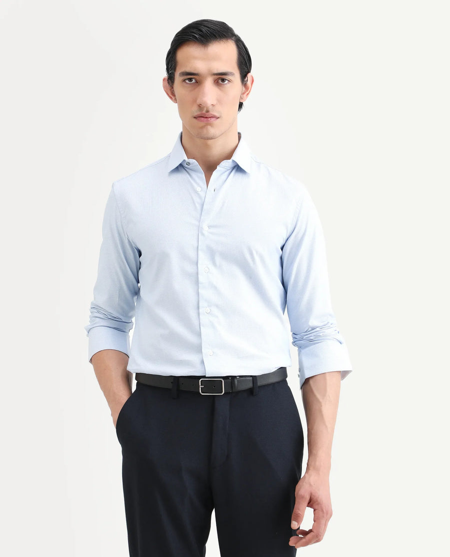 Rare Rabbit Men's Rigor Pastel Blue Cotton Textured Regular Fit Full Sleeve Collared Shirt