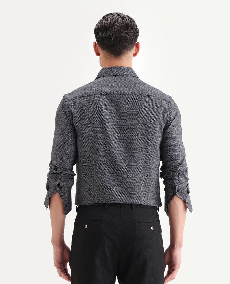 Rare Rabbit Men's Veslo Black Cotton Jacquard Regular Fit Full Sleeve Collared Shirt