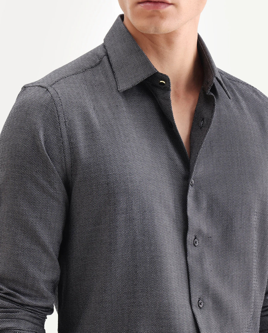 Rare Rabbit Men's Veslo Black Cotton Jacquard Regular Fit Full Sleeve Collared Shirt
