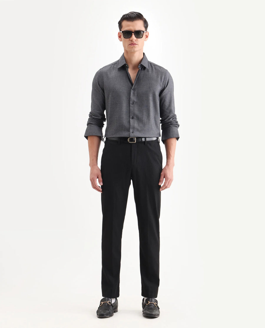 Rare Rabbit Men's Veslo Black Cotton Jacquard Regular Fit Full Sleeve Collared Shirt