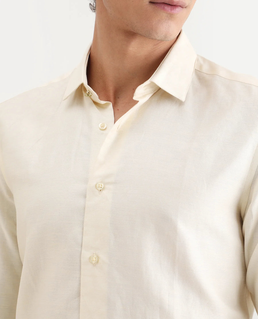 Rare Rabbit Men's Silken Pastel Yellow Linen Blend Plain Regular Fit Full Sleeve Collared Shirt