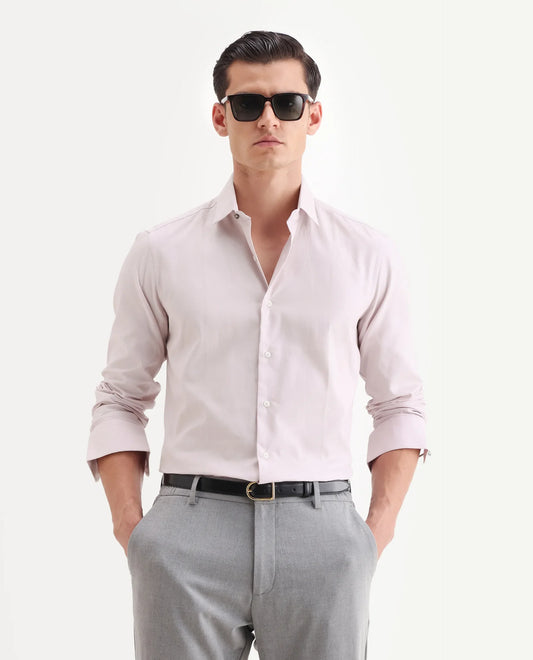 Rare Rabbit Men's Lasko Pastel Pink Cotton Plain Regular Fit Full Sleeve Collared Shirt