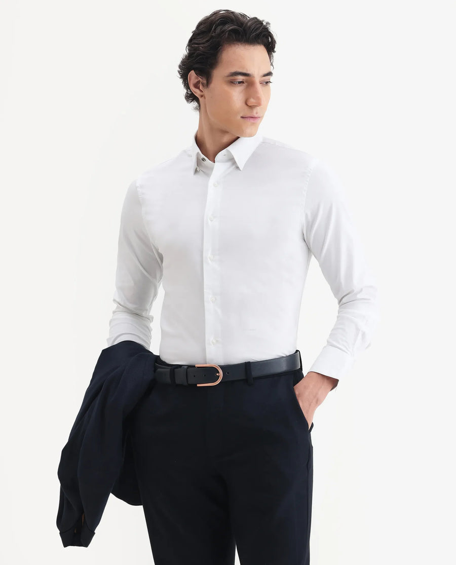 Rare Rabbit Men's Messa White Cotton Plain Regular Fit Full Sleeve Collared Shirt