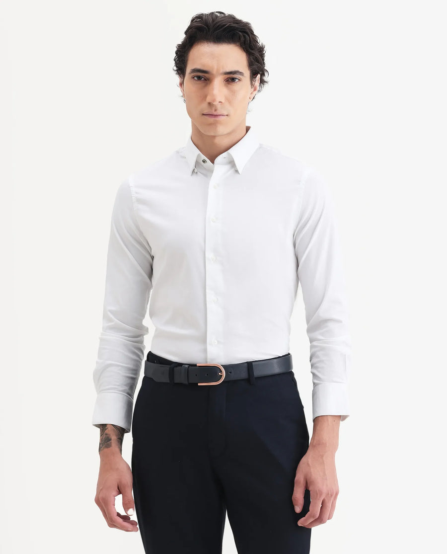 Rare Rabbit Men's Messa White Cotton Plain Regular Fit Full Sleeve Collared Shirt