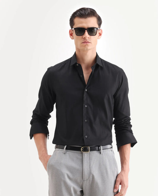 Rare Rabbit Men's Novo Black Cotton Textured Regular Fit Full Sleeve Collared Shirt