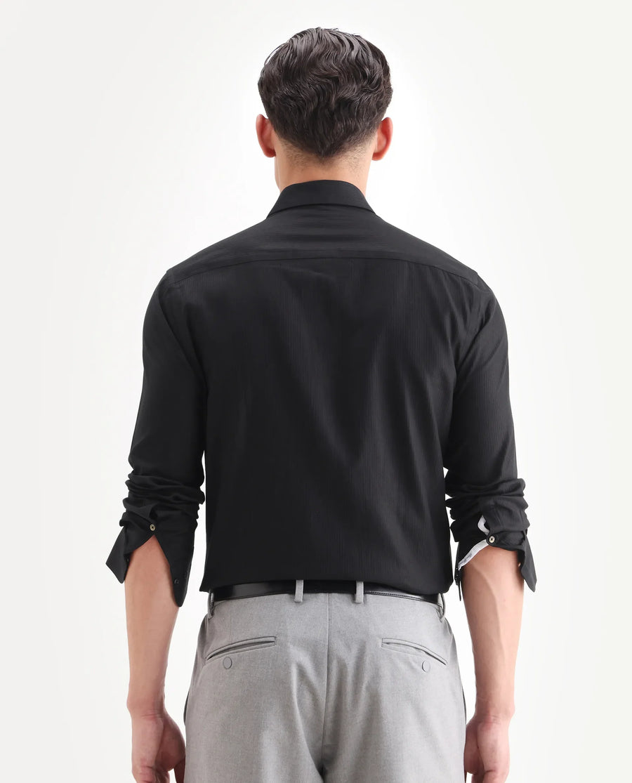 Rare Rabbit Men's Novo Black Cotton Textured Regular Fit Full Sleeve Collared Shirt