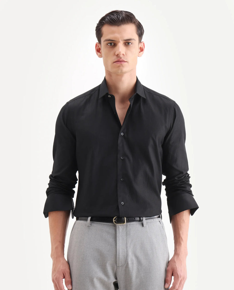 Rare Rabbit Men's Novo Black Cotton Textured Regular Fit Full Sleeve Collared Shirt