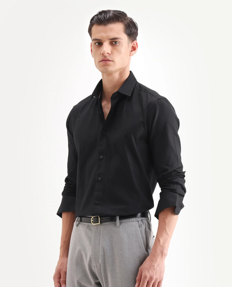 Rare Rabbit Men's Novo Black Cotton Textured Regular Fit Full Sleeve Collared Shirt