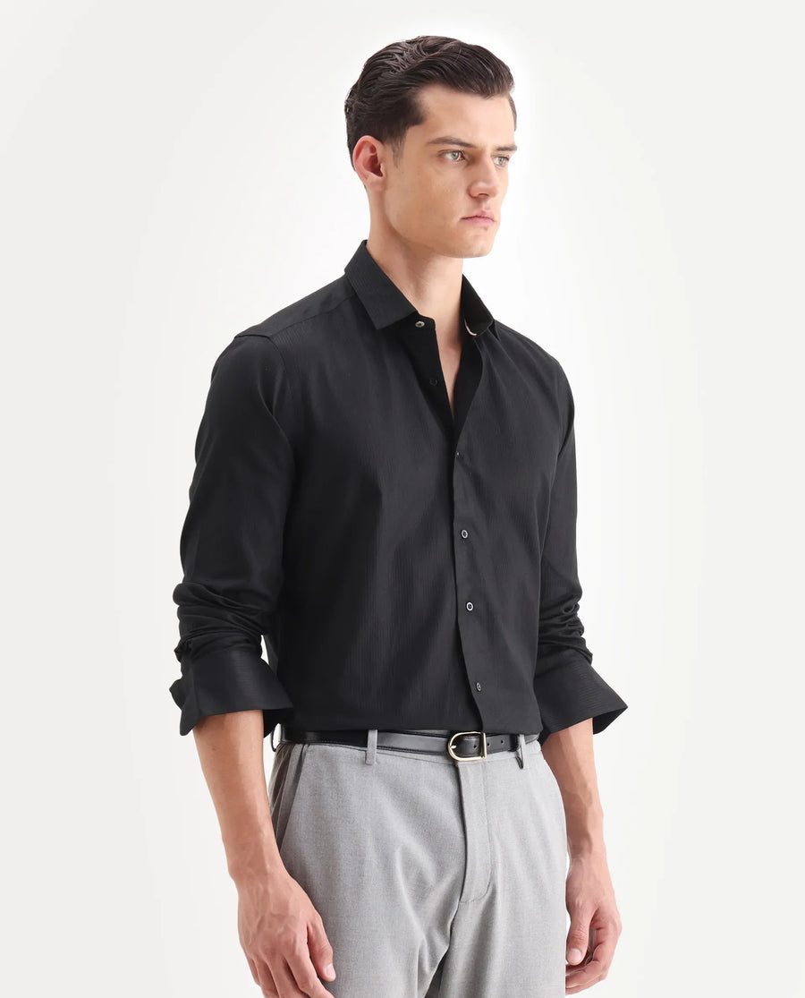 Rare Rabbit Men's Novo Black Cotton Textured Regular Fit Full Sleeve Collared Shirt