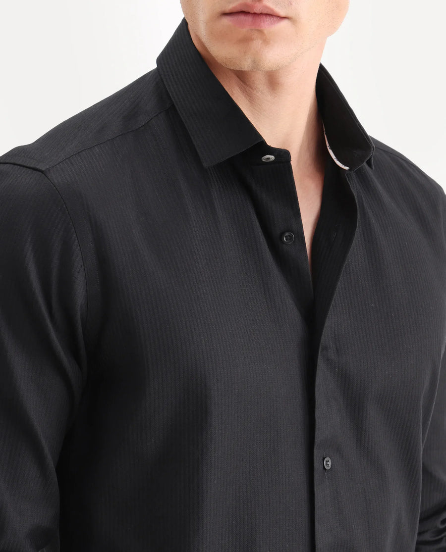 Rare Rabbit Men's Novo Black Cotton Textured Regular Fit Full Sleeve Collared Shirt