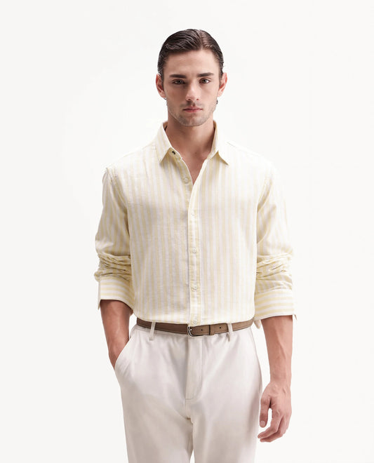 Rare Rabbit Men's Dopple Light Yellow Linen Blend Striped Print Regular Fit Full Sleeve Collared Shirt