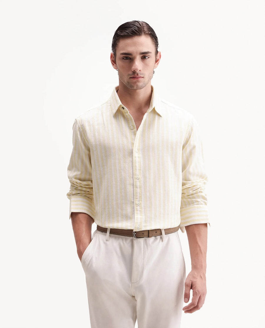 Rare Rabbit Men's Dopple Light Yellow Linen Blend Striped Print Regular Fit Full Sleeve Collared Shirt