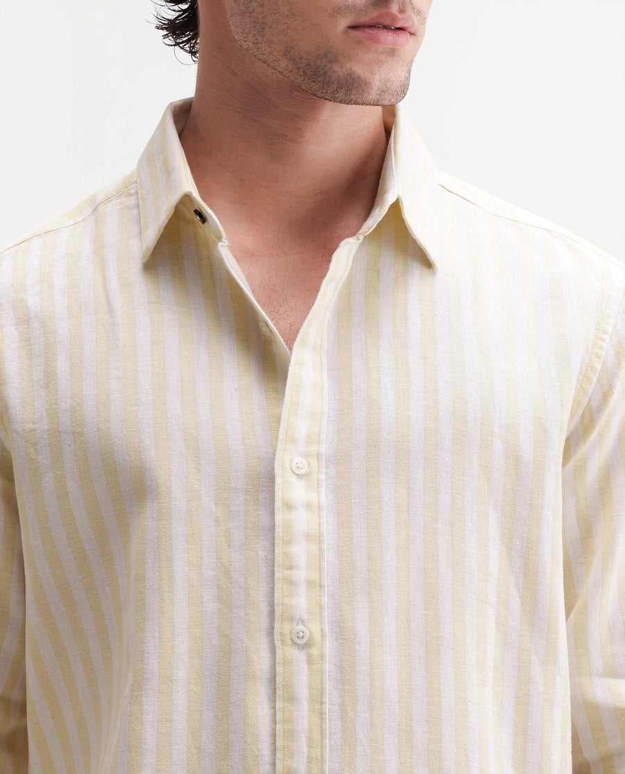 Rare Rabbit Men's Dopple Light Yellow Linen Blend Striped Print Regular Fit Full Sleeve Collared Shirt
