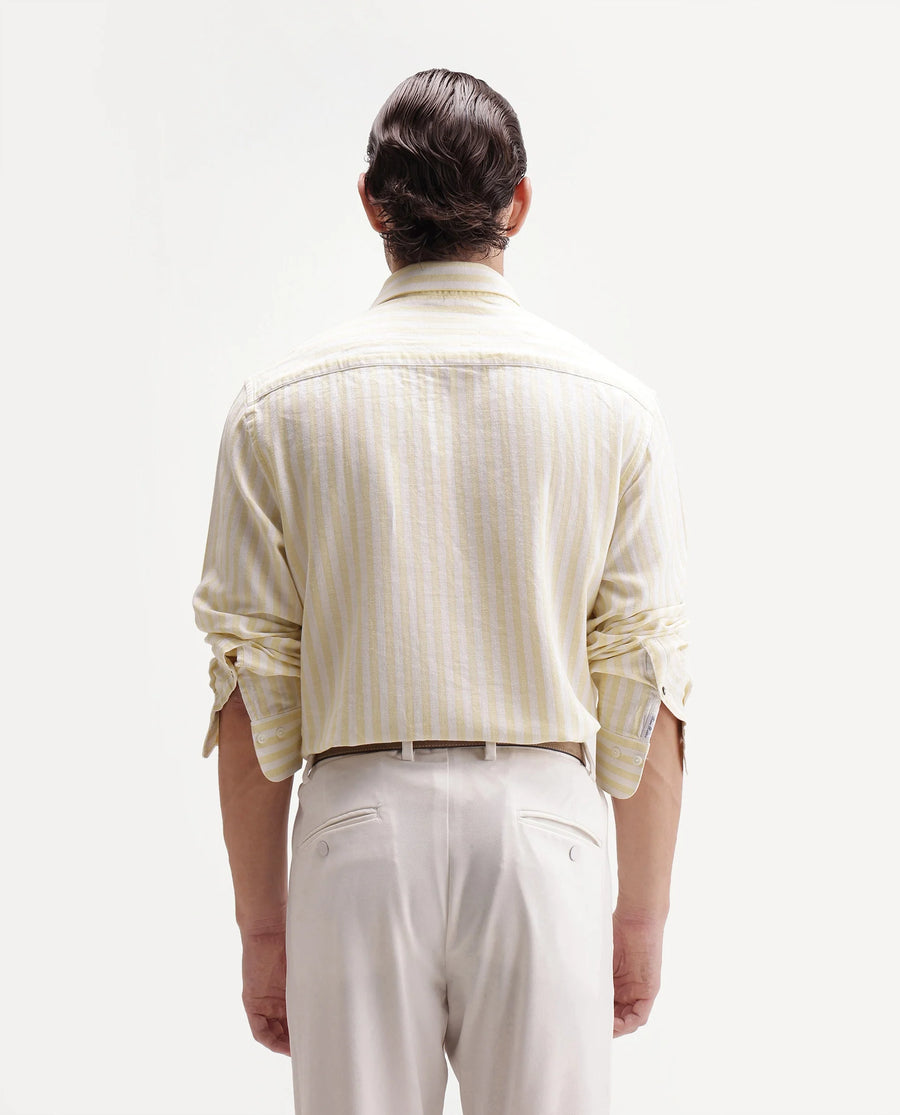Rare Rabbit Men's Dopple Light Yellow Linen Blend Striped Print Regular Fit Full Sleeve Collared Shirt