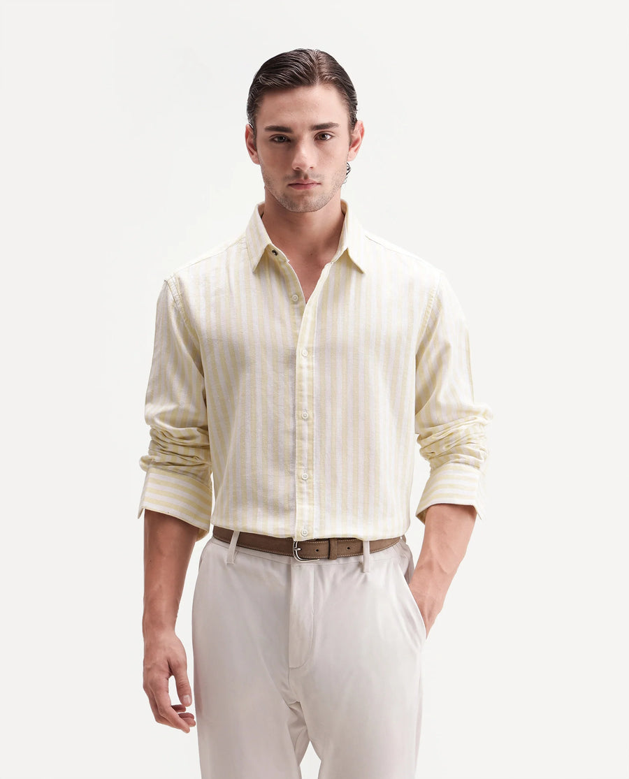Rare Rabbit Men's Dopple Light Yellow Linen Blend Striped Print Regular Fit Full Sleeve Collared Shirt