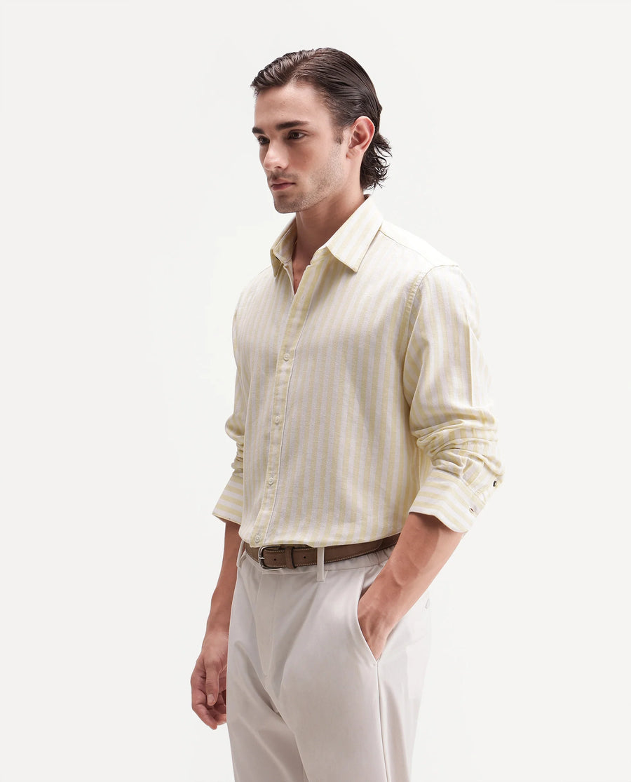 Rare Rabbit Men's Dopple Light Yellow Linen Blend Striped Print Regular Fit Full Sleeve Collared Shirt