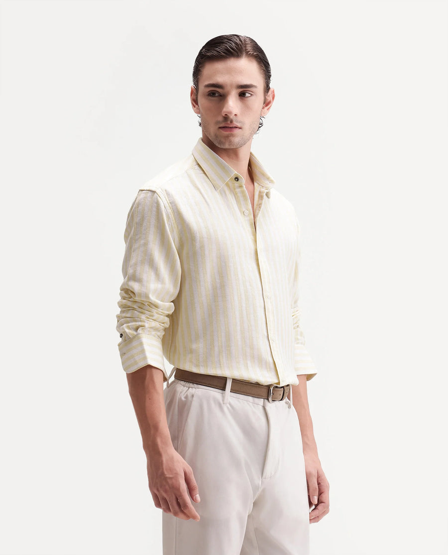 Rare Rabbit Men's Dopple Light Yellow Linen Blend Striped Print Regular Fit Full Sleeve Collared Shirt