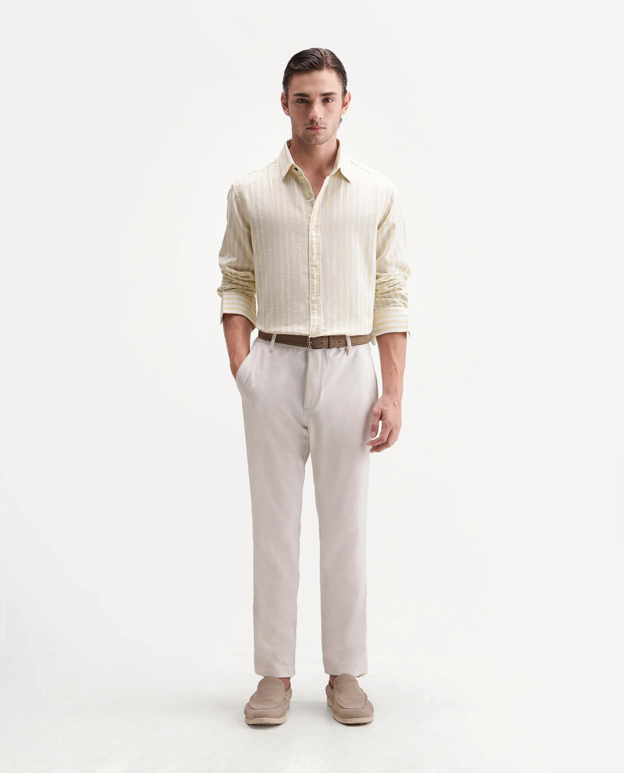 Rare Rabbit Men's Dopple Light Yellow Linen Blend Striped Print Regular Fit Full Sleeve Collared Shirt