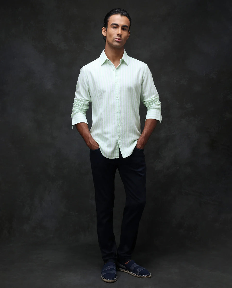 Rare Rabbit Men's Dopple Pastel Green Linen Blend Striped Print Regular Fit Full Sleeve Collared Shirt