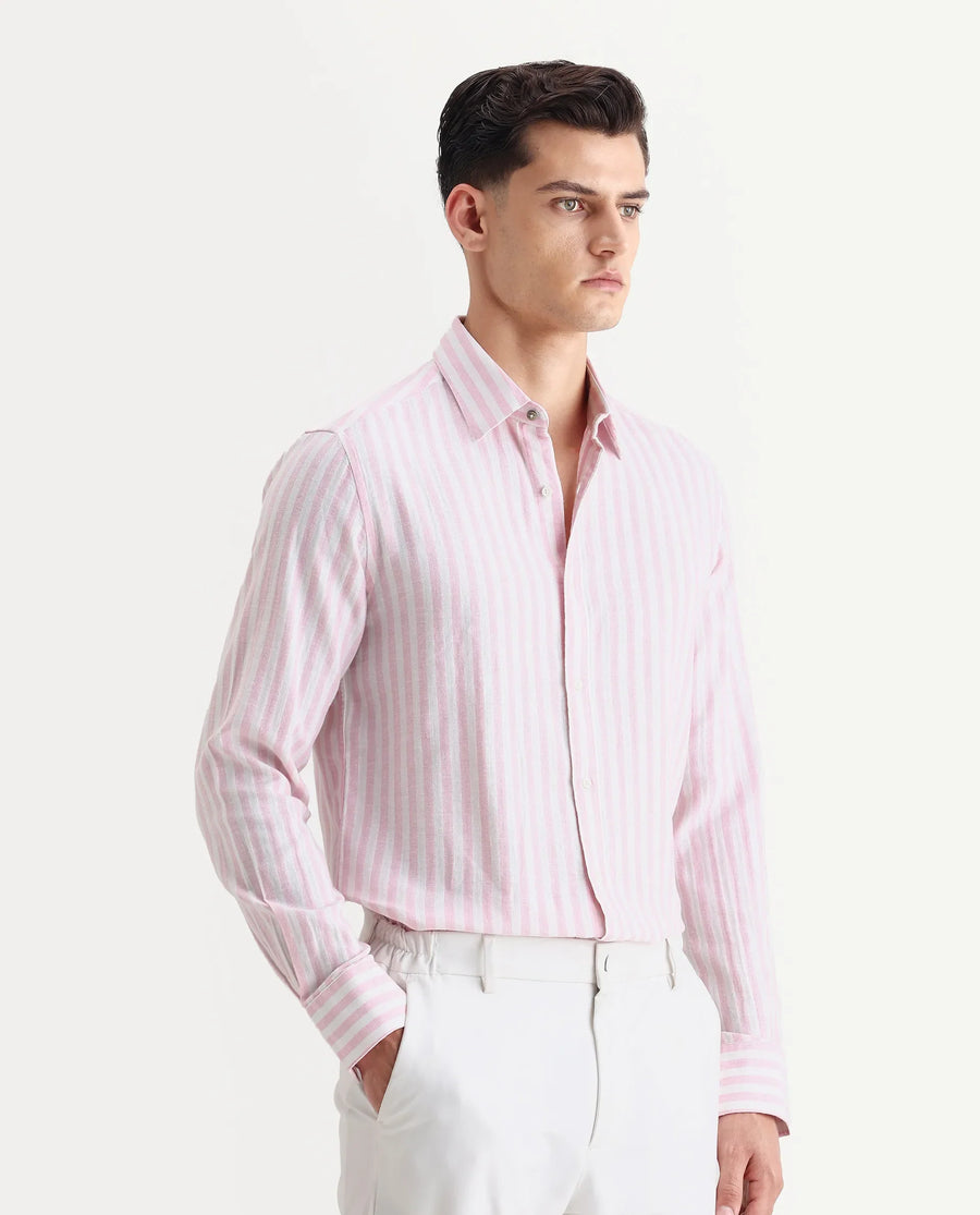 Rare Rabbit Men's Dopple Light Pink Linen Blend Striped Print Regular Fit Full Sleeve Collared Shirt