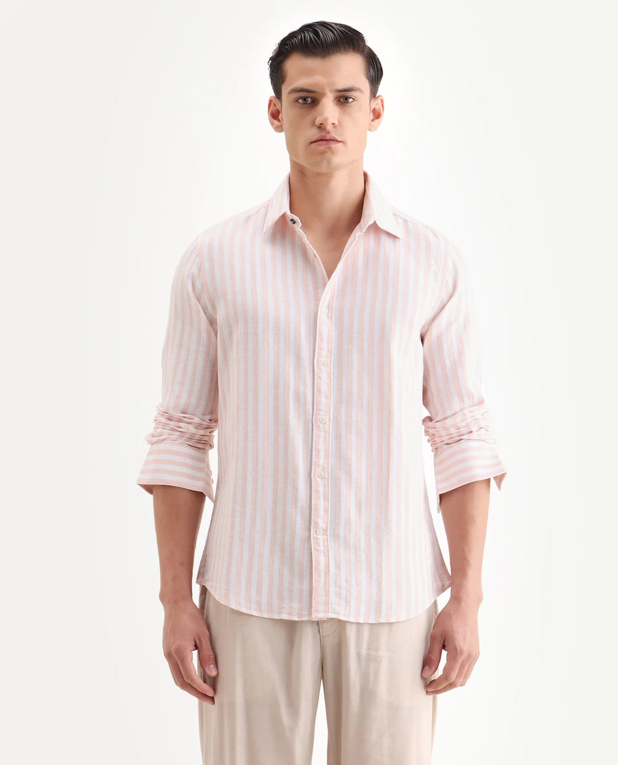 Rare Rabbit Men's Dopple Pastel Peach Linen Blend Striped Print Regular Fit Full Sleeve Collared Shirt