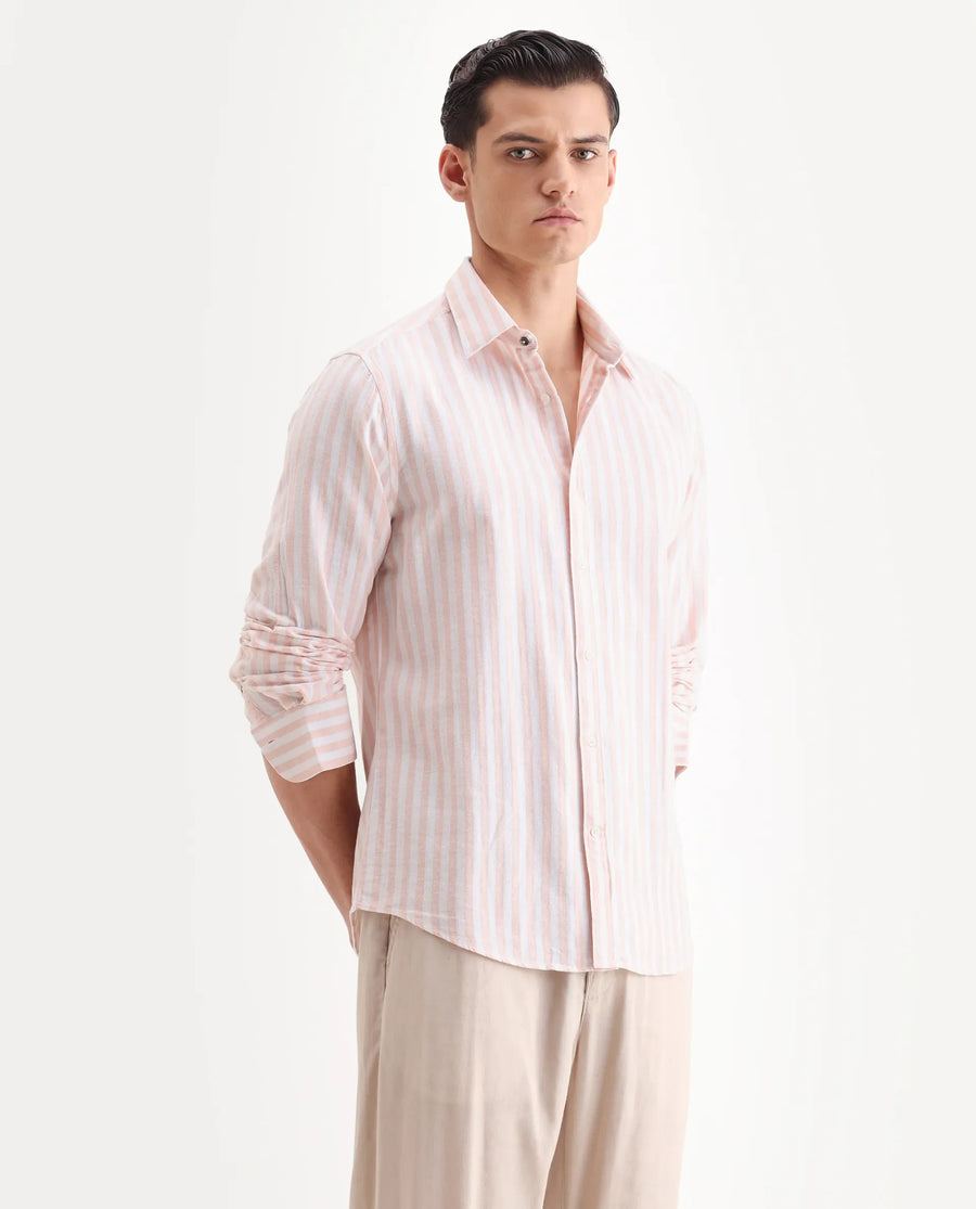 Rare Rabbit Men's Dopple Pastel Peach Linen Blend Striped Print Regular Fit Full Sleeve Collared Shirt