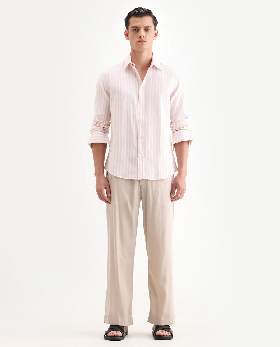 Rare Rabbit Men's Dopple Pastel Peach Linen Blend Striped Print Regular Fit Full Sleeve Collared Shirt