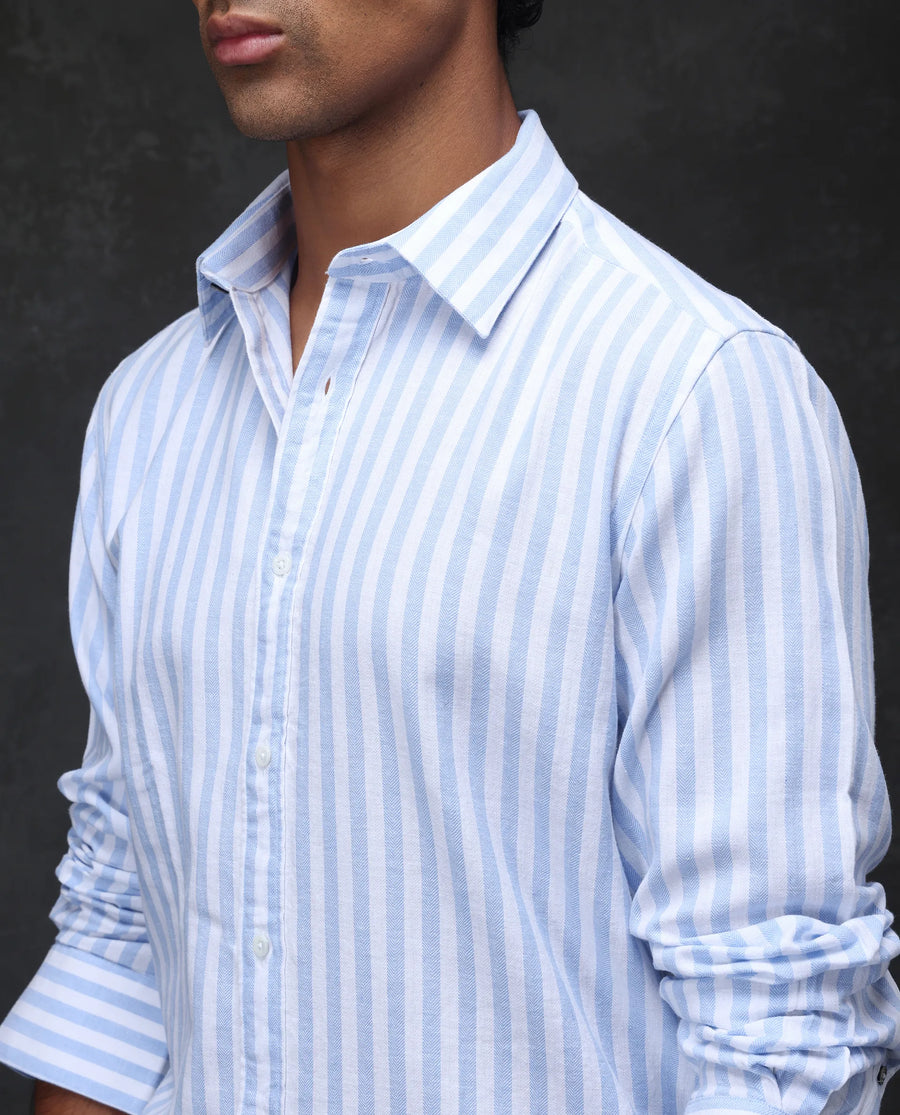 Rare Rabbit Men's Dopple Light Blue Linen Blend Striped Print Regular Fit Full Sleeve Collared Shirt