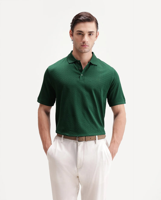 Rare Rabbit Men's Dafo Green Cotton Jacquard Regular Fit Half Sleeve Polo