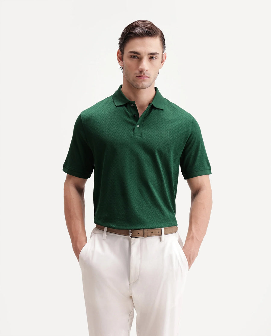 Rare Rabbit Men's Dafo Green Cotton Jacquard Regular Fit Half Sleeve Polo