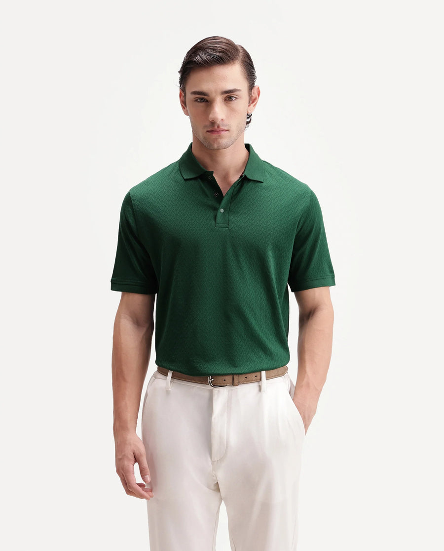 Rare Rabbit Men's Dafo Green Cotton Jacquard Regular Fit Half Sleeve Polo