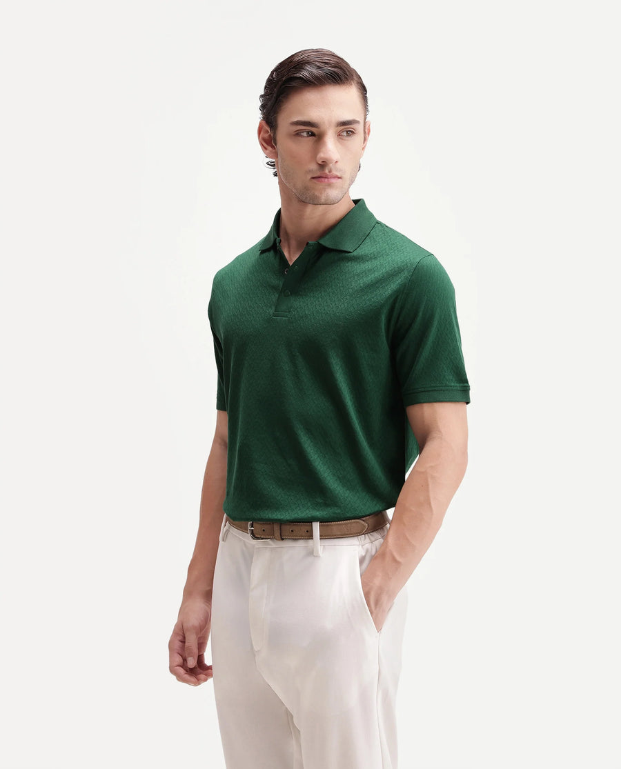 Rare Rabbit Men's Dafo Green Cotton Jacquard Regular Fit Half Sleeve Polo