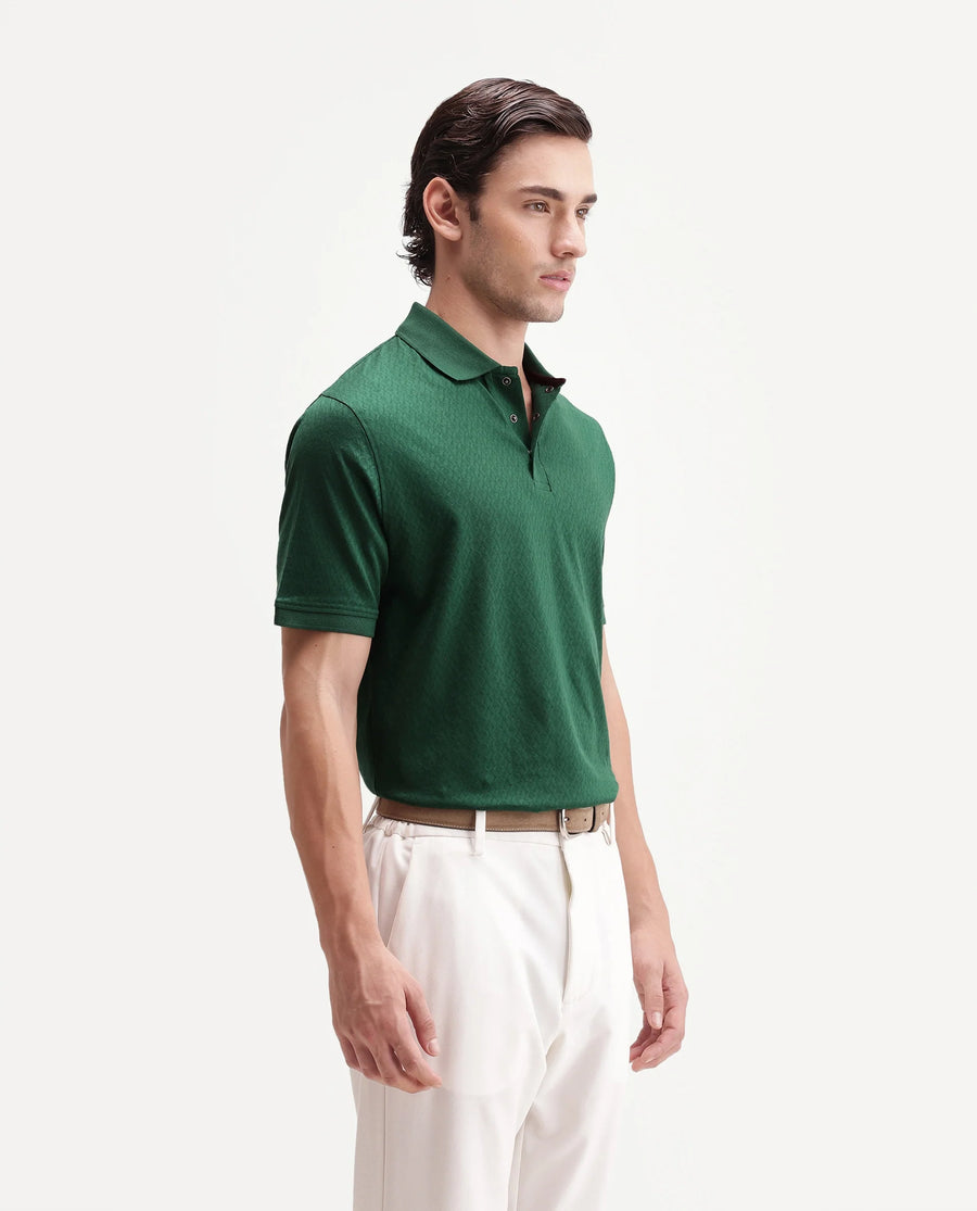 Rare Rabbit Men's Dafo Green Cotton Jacquard Regular Fit Half Sleeve Polo
