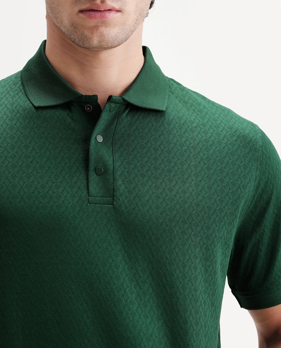 Rare Rabbit Men's Dafo Green Cotton Jacquard Regular Fit Half Sleeve Polo