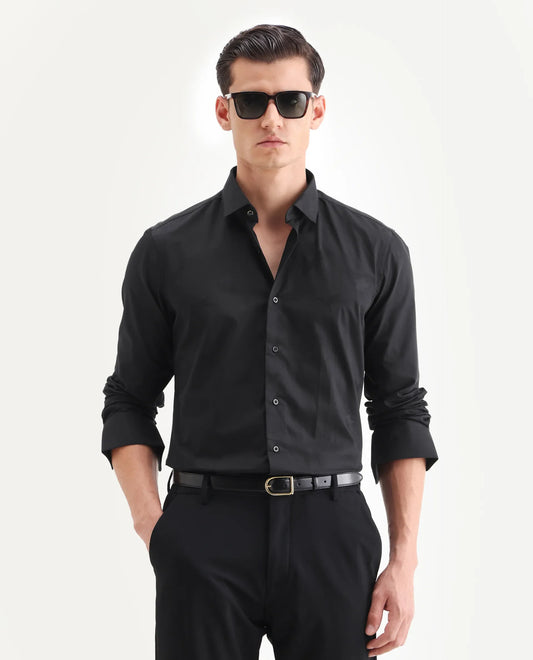 Rare Rabbit Men's Sherdâ Black Cotton Jacquard Regular Fit Full Sleeve Collared Shirt
